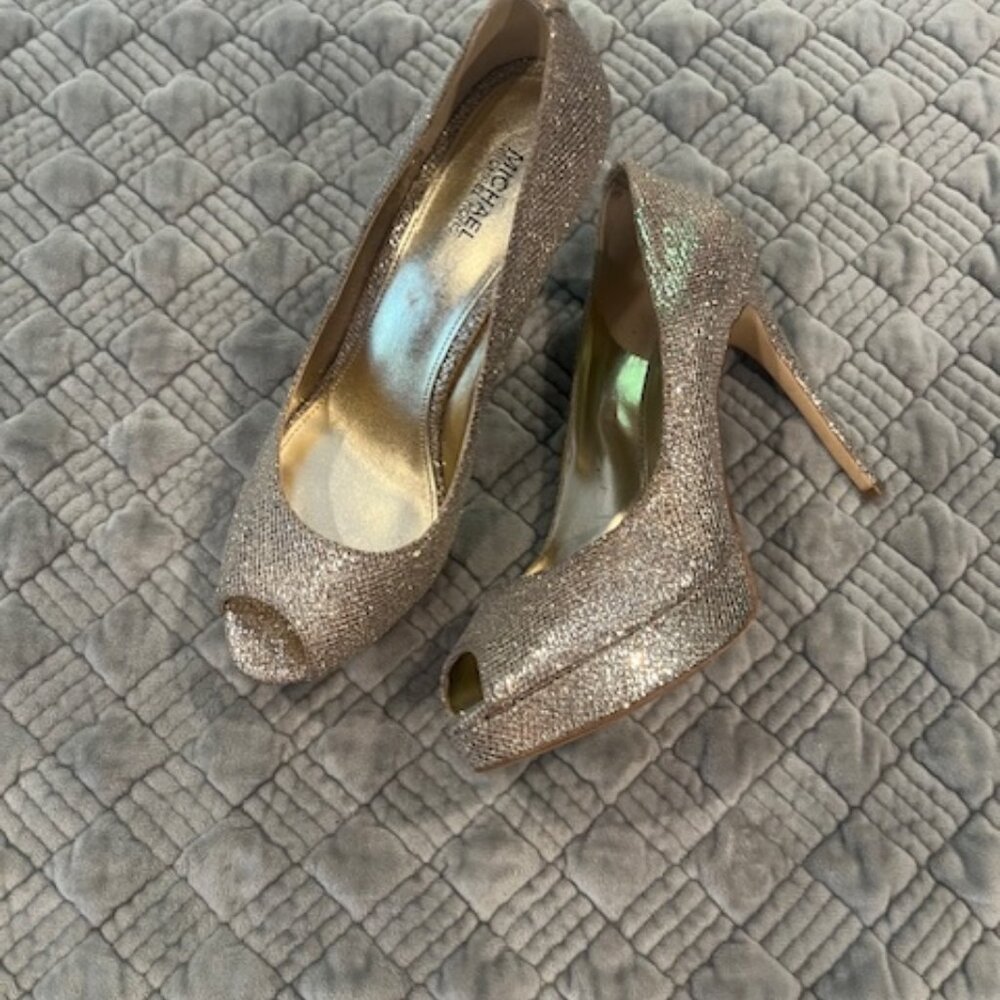 Michael Kors Women's Gold Sparkle Stiletto Peep Toe Heels Shoes Size 8